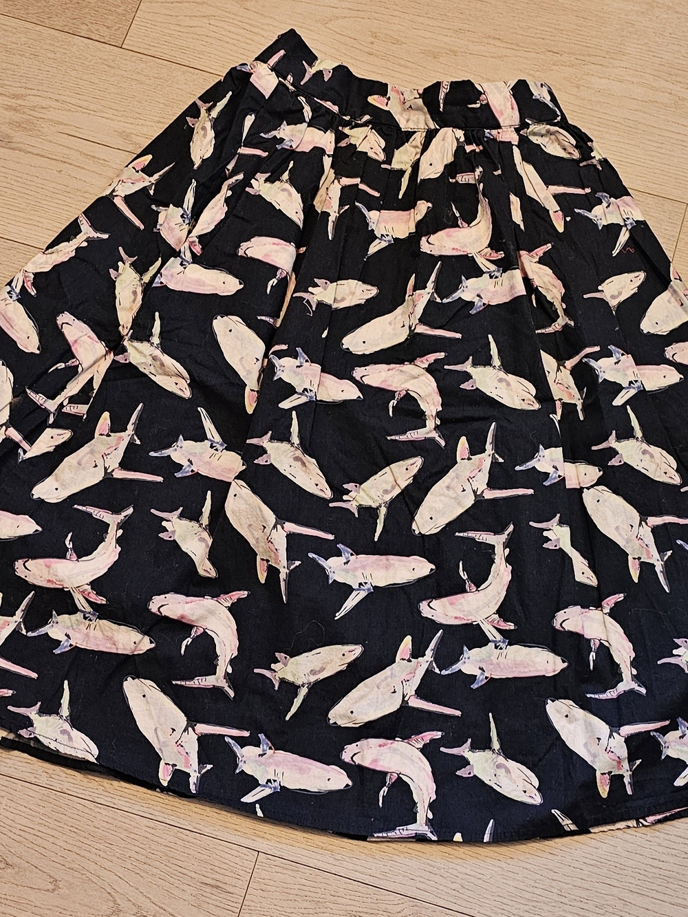 Modcloth Circle Skirt with Pink Cartoon Shark Novelty Print XS